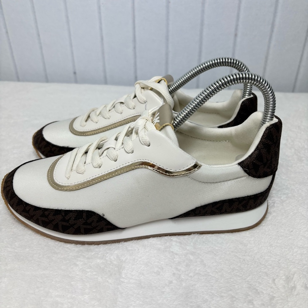 Michael Kors Cream & Brown Logo Sneakers Casual Lace-Up Shoes - Picture 5 of 10